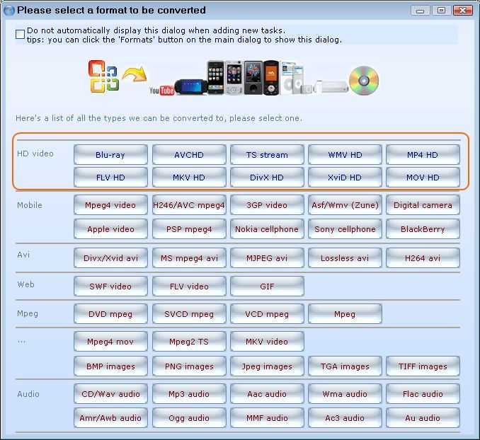 Choose HD video output format