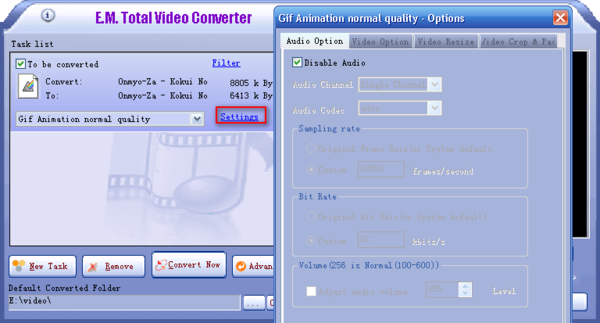 configure the animation option